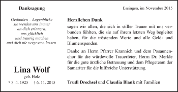 Traueranzeige von Lina Wolf von Schwäbische Post