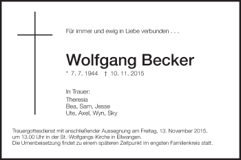 Traueranzeige von Wolfgang Becker von Schwäbische Post
