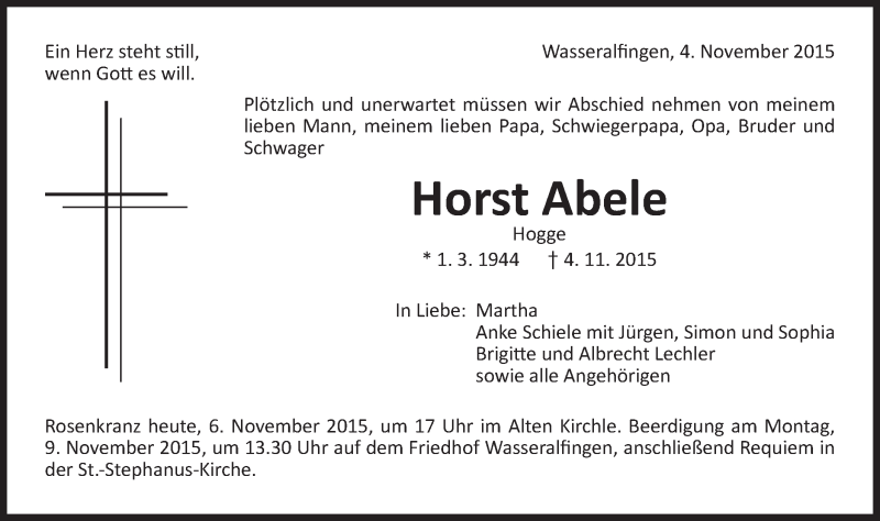  Traueranzeige für Horst Abele vom 06.11.2015 aus Schwäbische Post