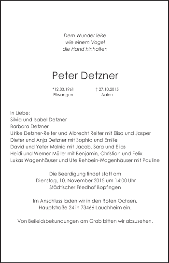 Traueranzeige von Peter Detzner von Schwäbische Post