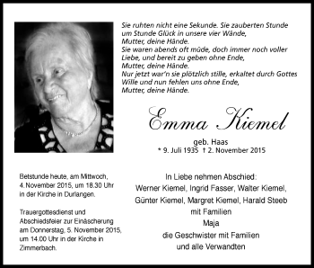 Traueranzeige von Emma Kiemel von Gmünder Tagespost