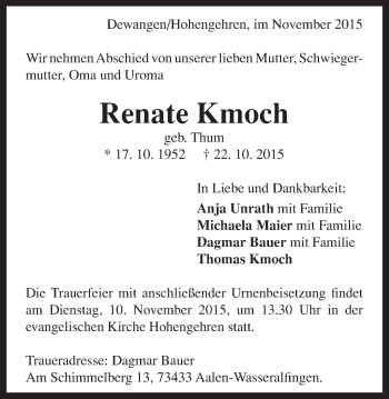 Traueranzeige von Renate Kmoch von Schwäbische Post