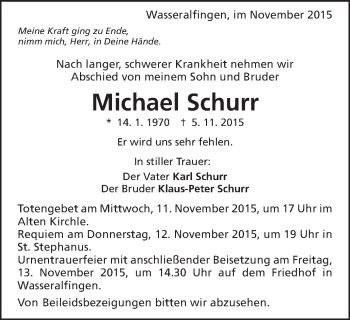 Traueranzeige von Michael Schurr von Schwäbische Post