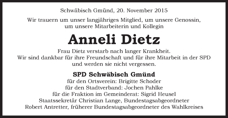  Traueranzeige für Anneli Dietz vom 18.11.2015 aus Gmünder Tagespost