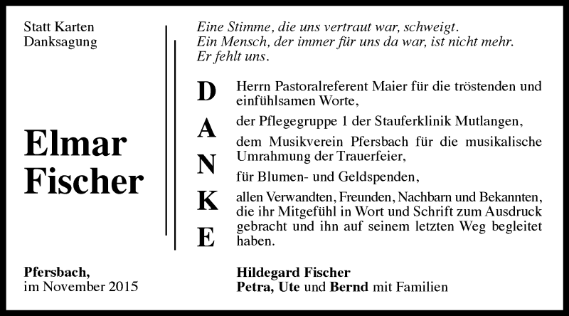  Traueranzeige für Elmar Fischer vom 24.11.2015 aus Gmünder Tagespost