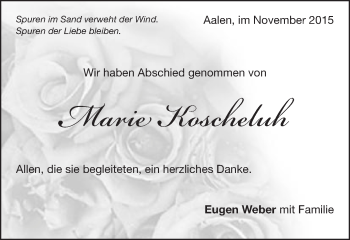Traueranzeige von Marie Koscheluh von Schwäbische Post
