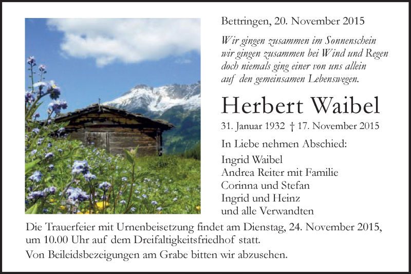  Traueranzeige für Herbert Waibel vom 20.11.2015 aus Gmünder Tagespost