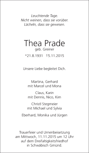Traueranzeige von Thea Prade von Gmünder Tagespost