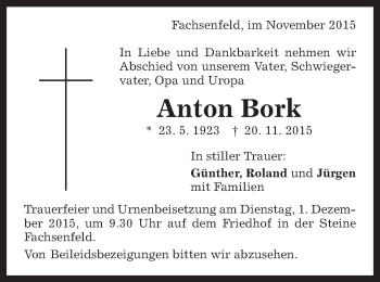 Traueranzeige von Anton Bork von Schwäbische Post