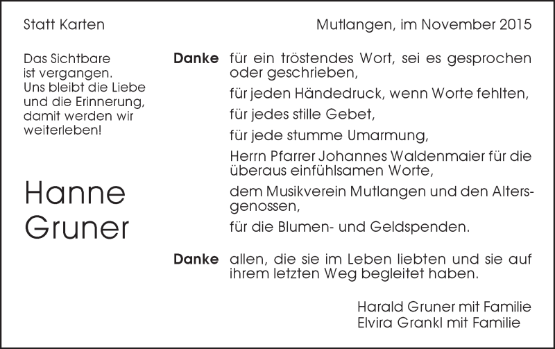  Traueranzeige für Hanne Gruner vom 28.11.2015 aus Gmünder Tagespost