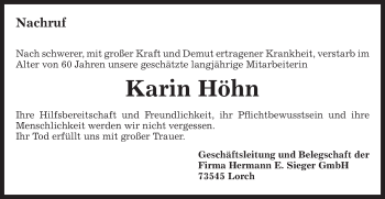 Traueranzeige von Karin Höhn von Gmünder Tagespost