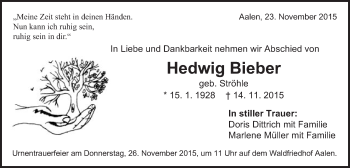 Traueranzeige von Hedwig Bieber von Schwäbische Post