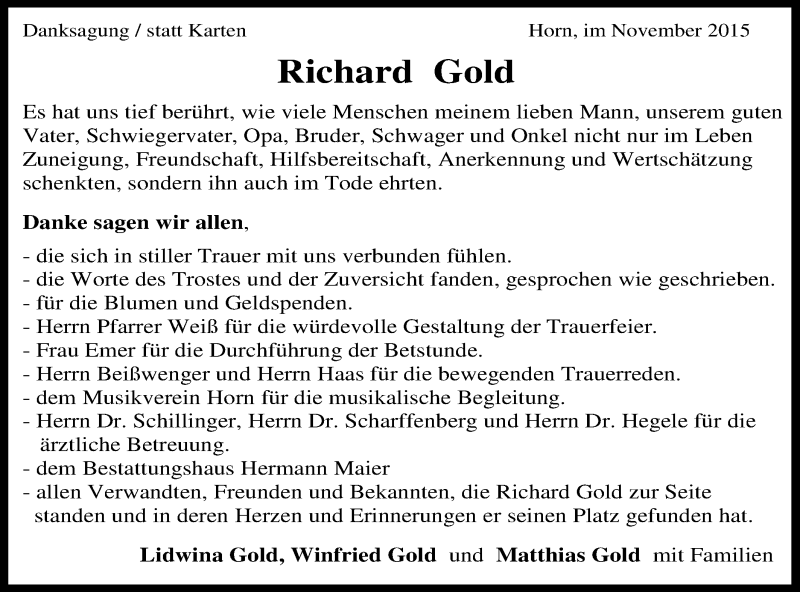  Traueranzeige für Richard Gold vom 18.11.2015 aus Gmünder Tagespost
