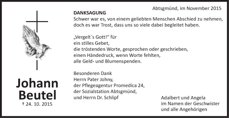  Traueranzeige für Johann Beutel vom 14.11.2015 aus Schwäbische Post