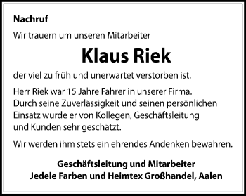 Traueranzeige von Klaus Riek von Schwäbische Post