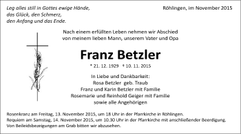 Traueranzeige von Franz Betzler von Schwäbische Post