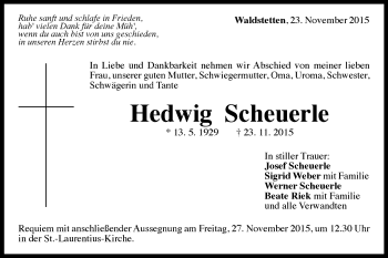 Traueranzeige von Hedwig Scheuerle von Gmünder Tagespost