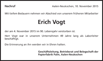 Traueranzeige von Erich Vogt von Schwäbische Post