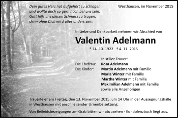 Traueranzeige von Valentin Adelmann von Schwäbische Post
