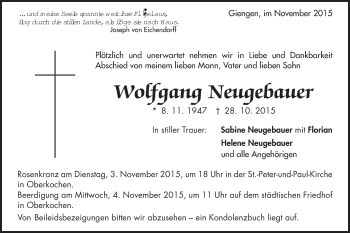 Traueranzeige von Wolfgang Neugebauer von Schwäbische Post