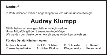 Traueranzeige von Audrey Klumpp von Schwäbische Post