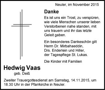 Traueranzeige von Hedwig Vaas von Schwäbische Post
