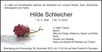 Traueranzeige von Hilde Schleicher von Schwäbische Post