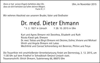 Traueranzeige von Dieter Ehmann von Gmünder Tagespost