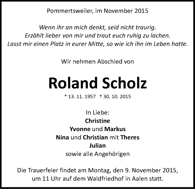  Traueranzeige für Roland Scholz vom 05.11.2015 aus Schwäbische Post