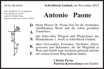 Traueranzeige von Antonio Paone von Gmünder Tagespost