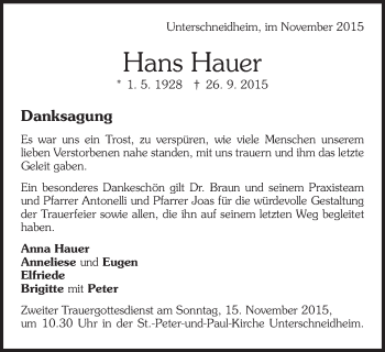 Traueranzeige von Hans Hauser von Schwäbische Post