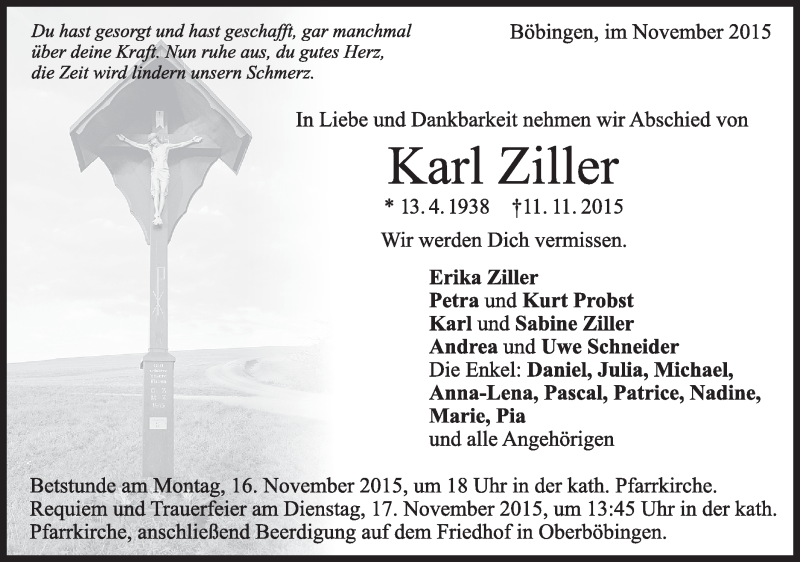  Traueranzeige für Karl Ziller vom 14.11.2015 aus Gmünder Tagespost