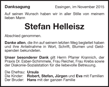 Traueranzeige von Stefan Helleisz von Schwäbische Post