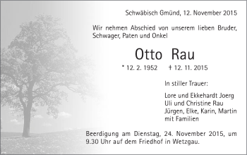 Traueranzeige von Otto Rau von Gmünder Tagespost