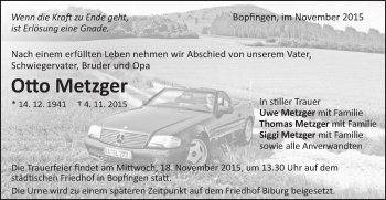 Traueranzeige von Otto Metzger von Schwäbische Post