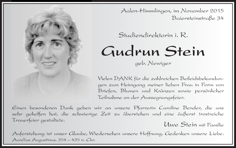  Traueranzeige für Gudrun Stein vom 14.11.2015 aus Schwäbische Post