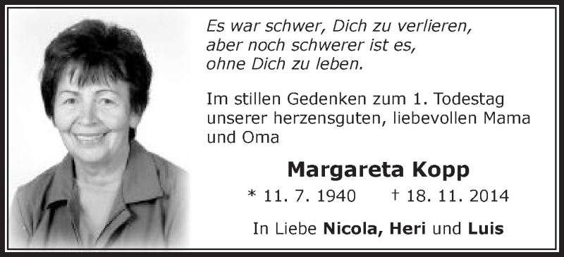  Traueranzeige für Margareta Kopp vom 18.11.2015 aus Schwäbische Post
