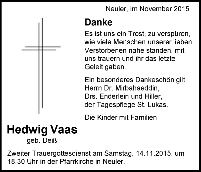  Traueranzeige für Hedwig Vaas vom 11.11.2015 aus Schwäbische Post