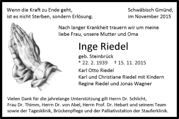 Traueranzeige von Inge Riedel von Gmünder Tagespost