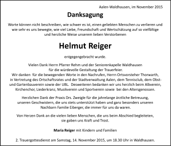 Traueranzeige von Helmut Reiger von Schwäbische Post