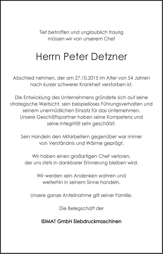  Traueranzeige für Peter Detzner vom 03.11.2015 aus Schwäbische Post