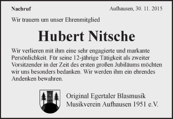 Traueranzeige von Hubert Nitsche von Schwäbische Post