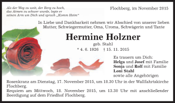 Traueranzeige von Hermine Holzner von Schwäbische Post