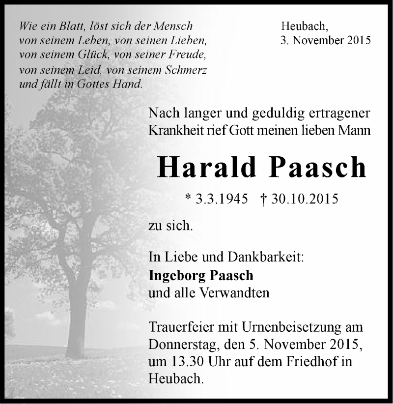  Traueranzeige für Harald Paasch vom 03.11.2015 aus Gmünder Tagespost