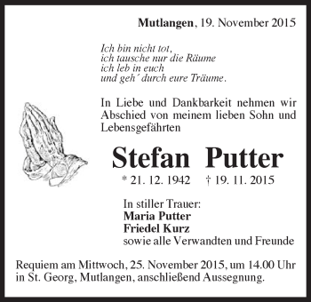 Traueranzeige von Stefan Putter von Gmünder Tagespost