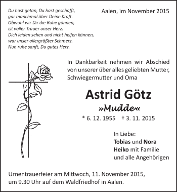 Traueranzeige von Astrid Götz von Schwäbische Post