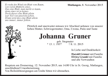 Traueranzeige von Johanna Gruner von Gmünder Tagespost