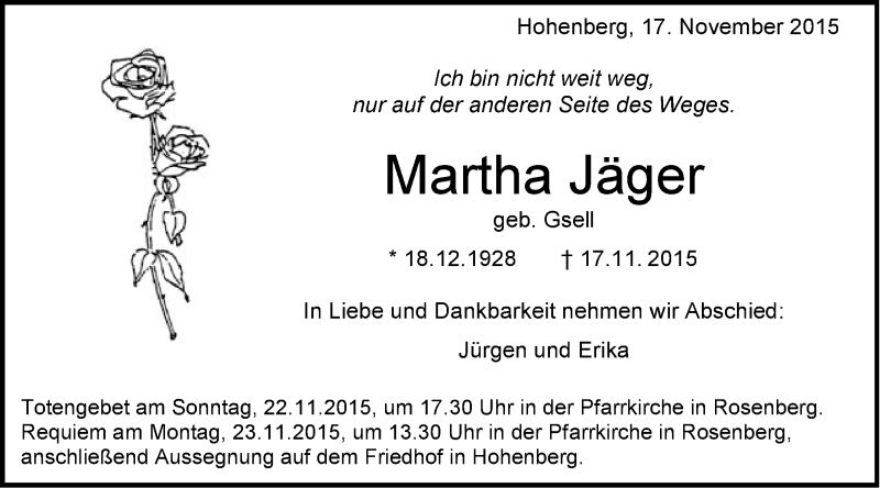  Traueranzeige für Martha Jäger vom 19.11.2015 aus Schwäbische Post