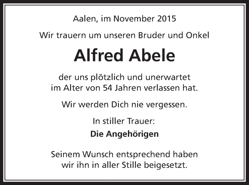 Traueranzeige für Alfred Abele vom 11.11.2015 aus Schwäbische Post
