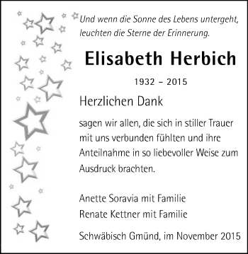 Traueranzeige von Elisabeth Herbich von Gmünder Tagespost